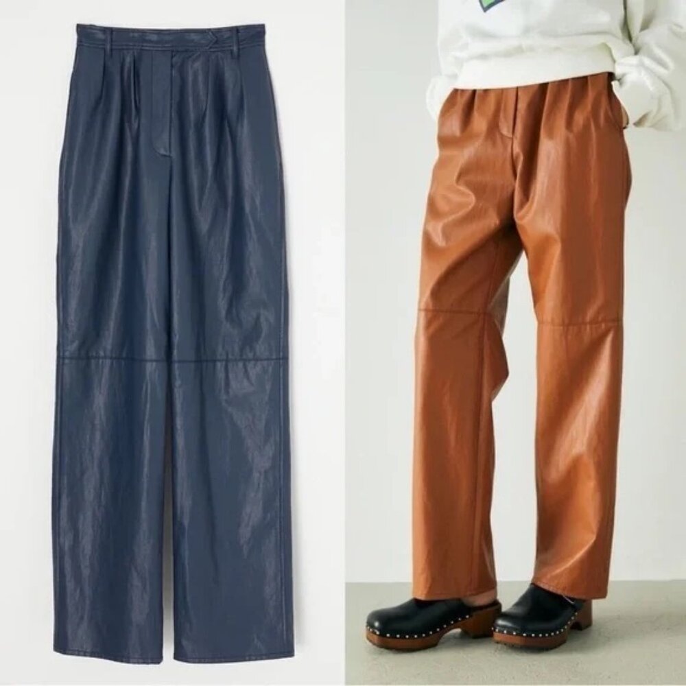 MOUSSY Faux Leather Front Tuck Trousers in Navy SIZE JP1